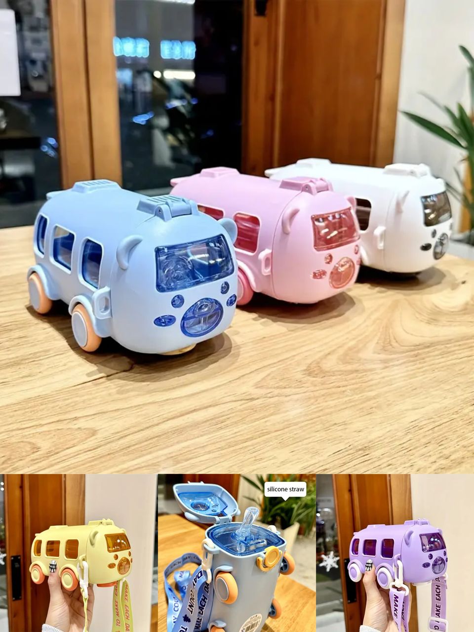 زجاجة مياه بقشة على شكل حافلة كرتونية